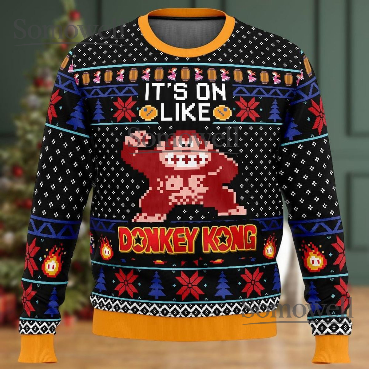 Donkey Kong Pixel Black Ugly Christmas Sweater Retro Gamer Holiday Knit Gift