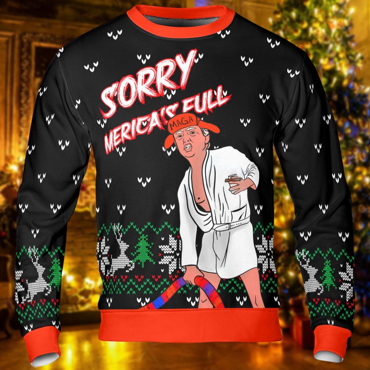 Sorry Merica’s Full Black Ugly Christmas Sweater Funny Political Parody Holiday Knit Jumper