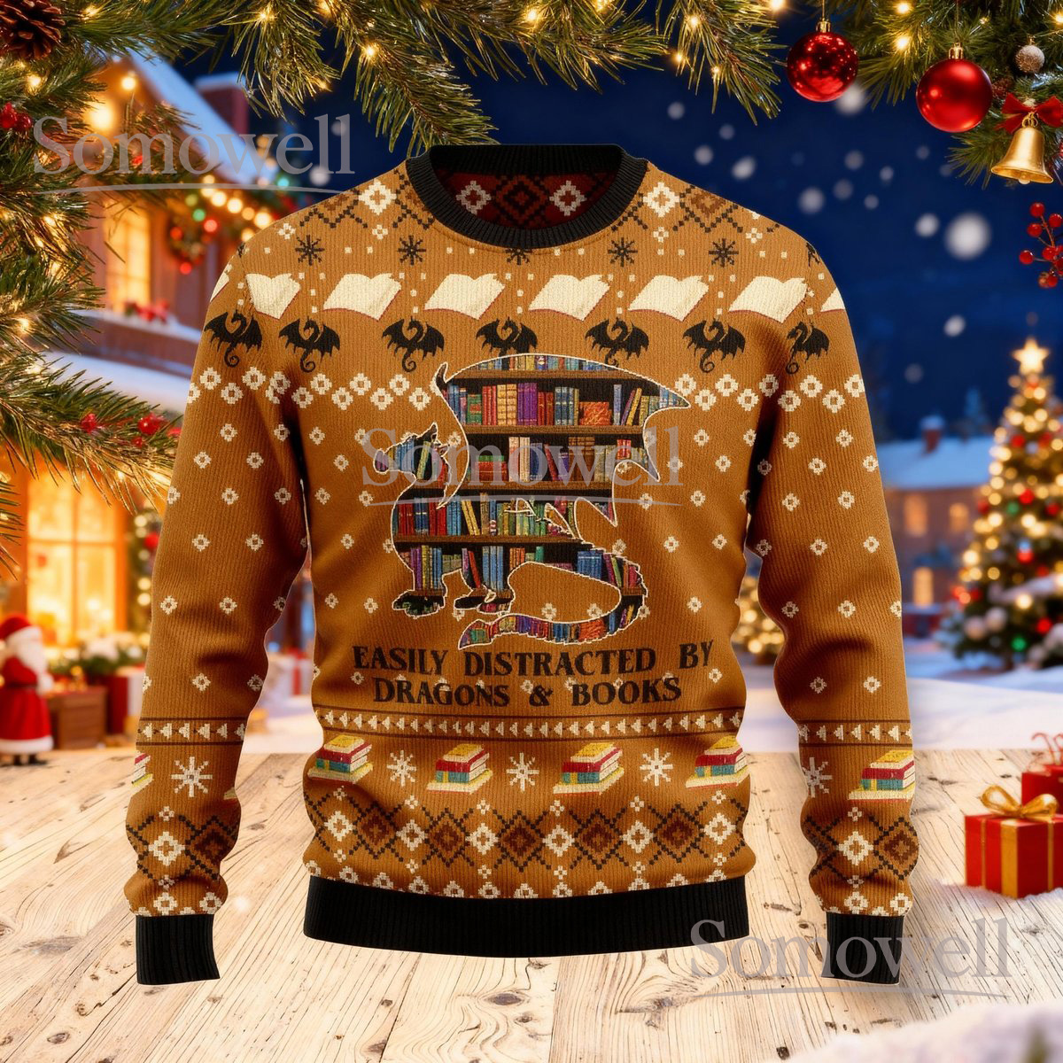 Easily Distracted By Dragons And Books Christmas Brown Ugly Sweater Fantasy Reader Holiday Knit Jumper