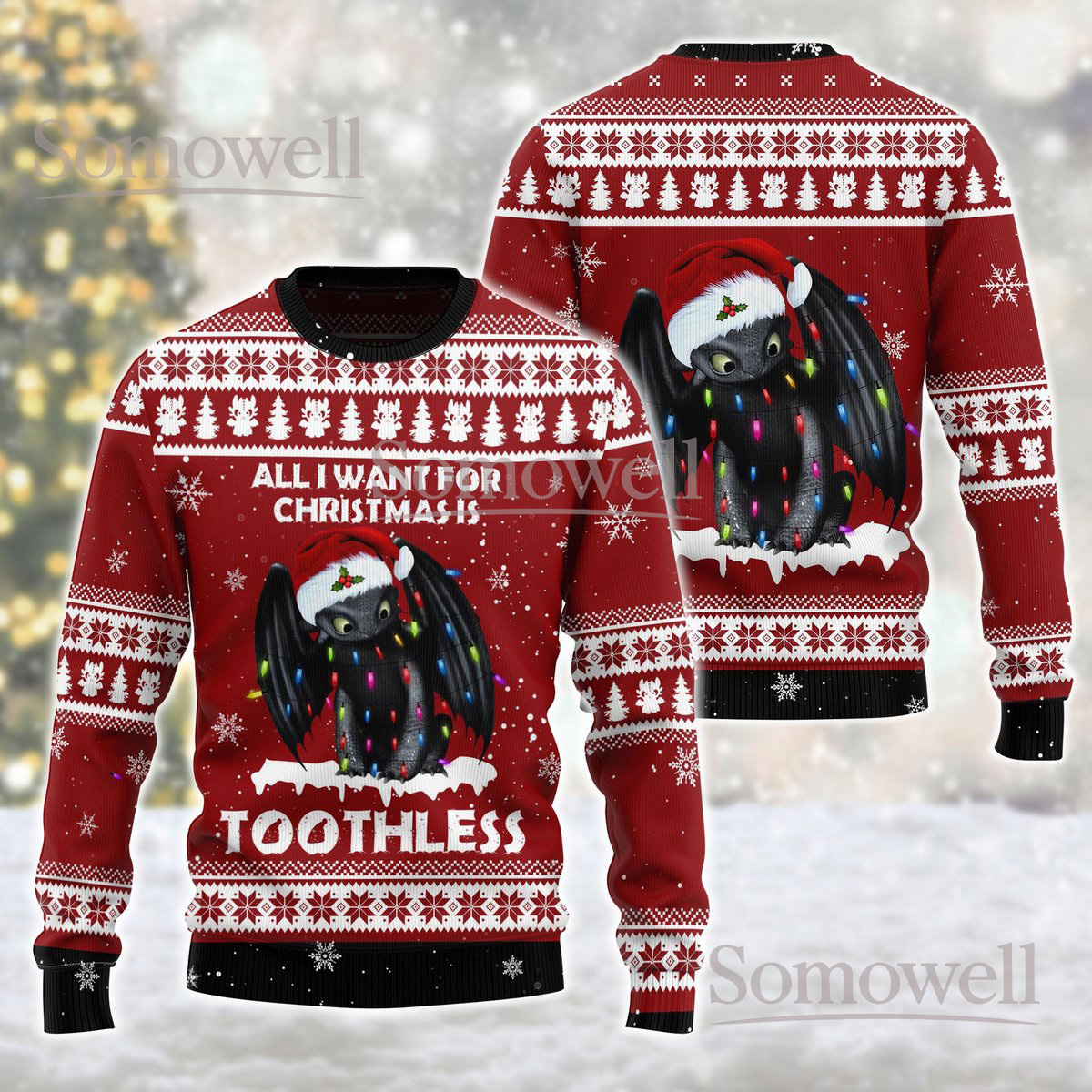Toothless Dragon Christmas Red Ugly Sweater All I Want For Christmas Holiday Knit Jumper