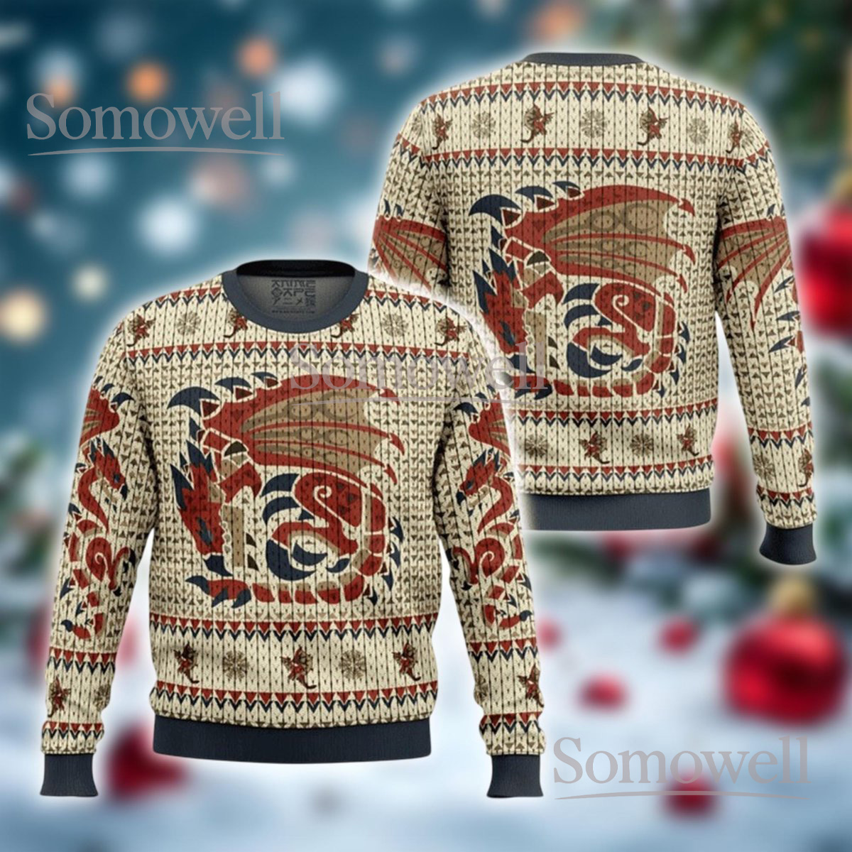 Vintage Dragon Christmas Beige Ugly Sweater Mythical Creature Nordic Knit Holiday Jumper