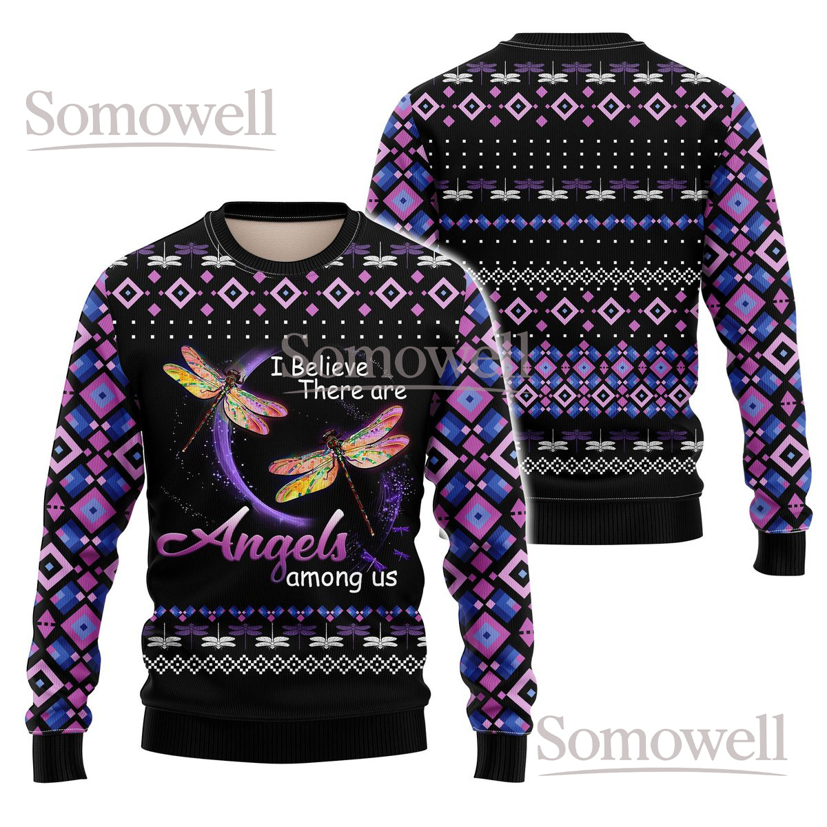 Dragonfly Angels Christmas Black Ugly Sweater I Believe There Are Angels Holiday Knit Jumper