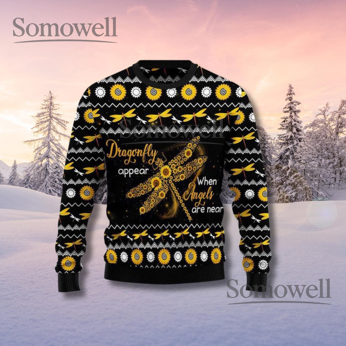 Dragonfly Yellow Black Ugly Christmas Sweater Memorial Angel Quote Holiday Knit Jumper