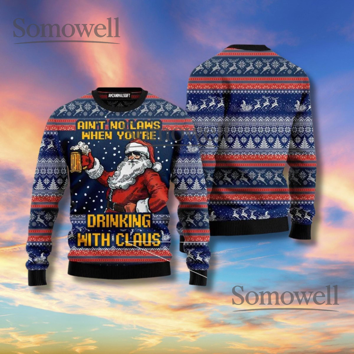 Drinking With Claus Santa Christmas Sweater Funny Beer Ugly Xmas Knit Unisex