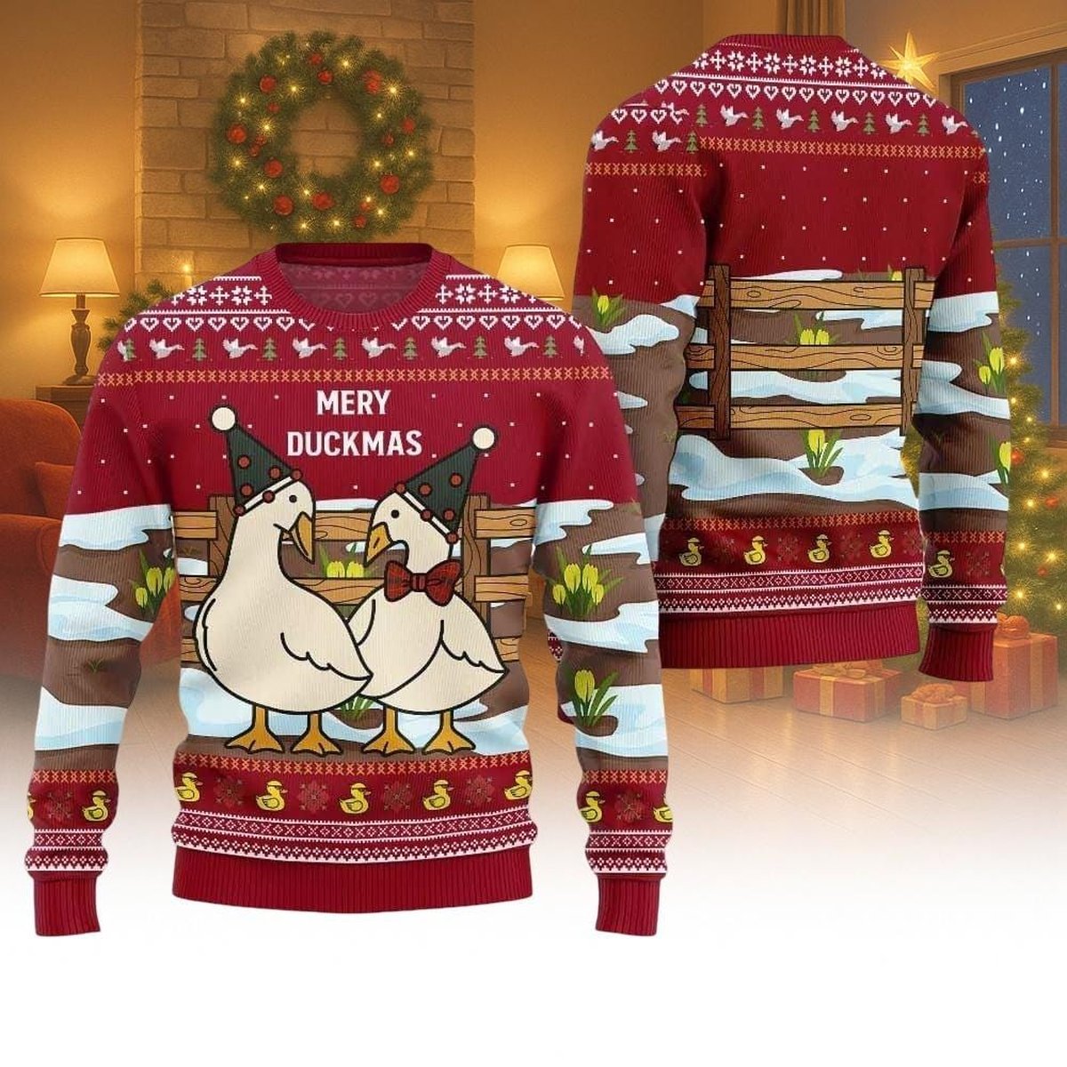Merry Duckmas Ugly Christmas Sweater Funny Duck Lovers Red Holiday Knit Jumper