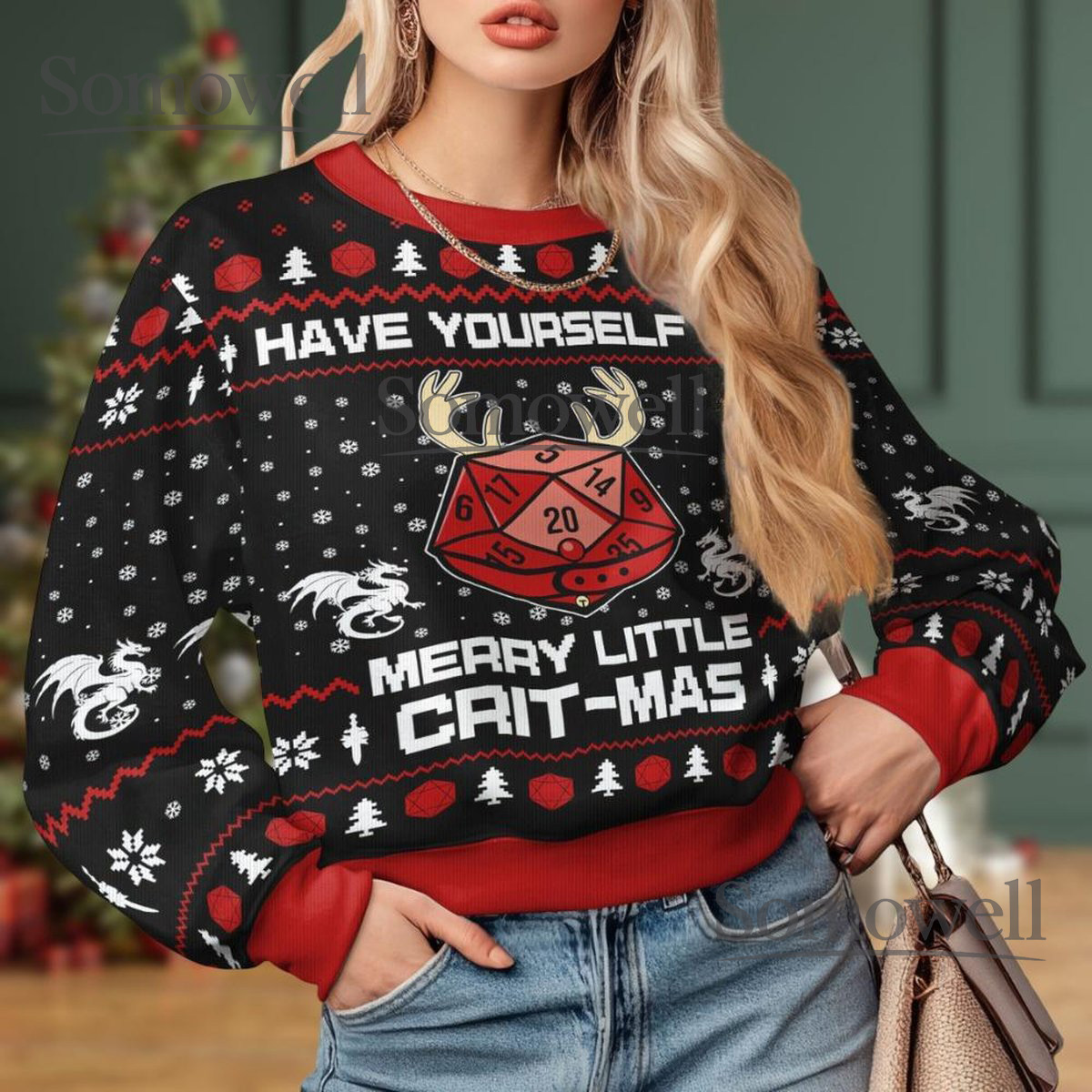 Merry Little Critmas Dungeons and Dragons Black Ugly Christmas Sweater Holiday Knit Gift