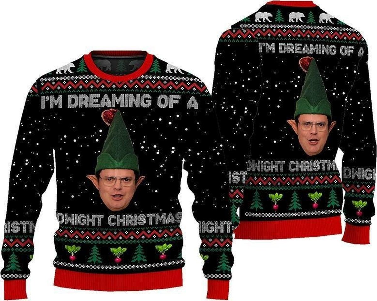 Dwight Schrute Elf The Office Funny Ugly Christmas Sweater Black Red Jumper