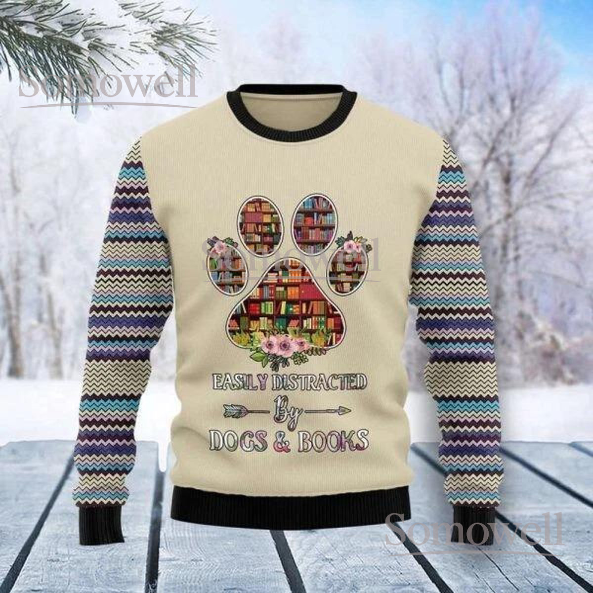 Easily Distracted By Dogs And Books Beige Sweater Funny Pet Lover Holiday Knit Jumper