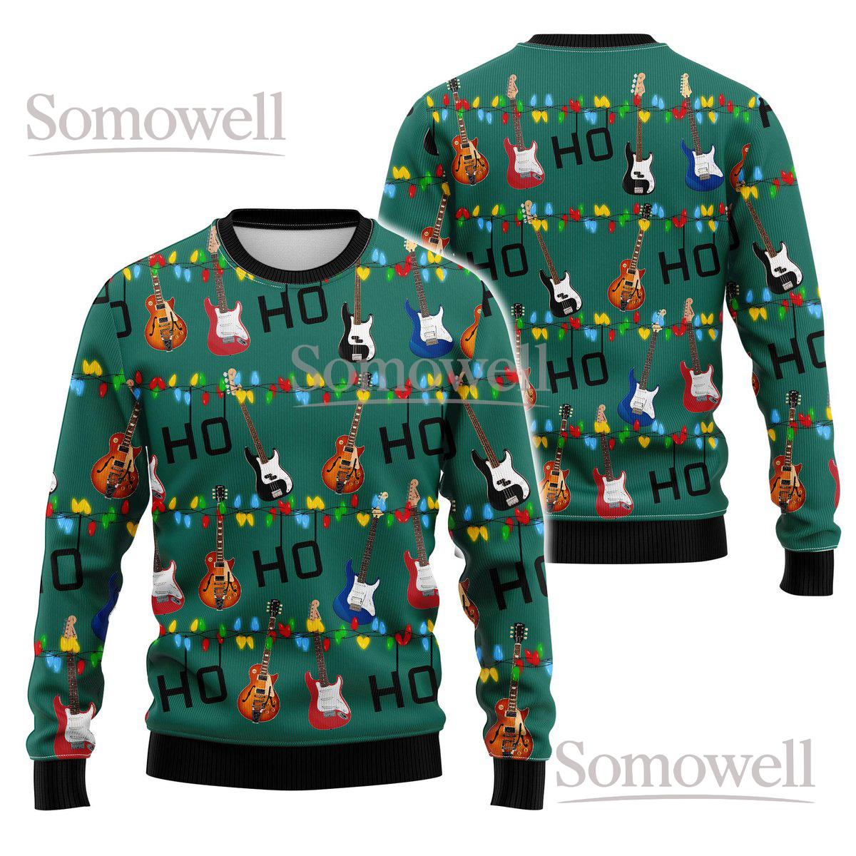 Electric Guitar Ho Ho Ho Green Christmas Ugly Sweater Music Lover Holiday Knit Jumper