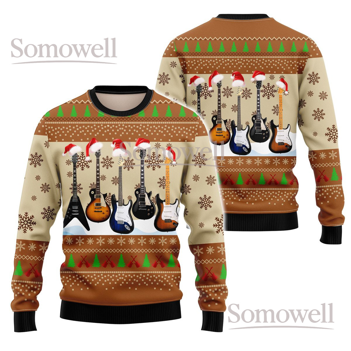 Electric Guitar Christmas Beige Ugly Sweater Santa Hat Music Lover Holiday Knit Jumper