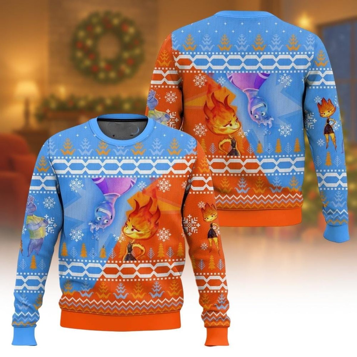 Elemental Pixar Movie Ugly Christmas Sweater Fire And Water Funny Holiday Knit Jumper