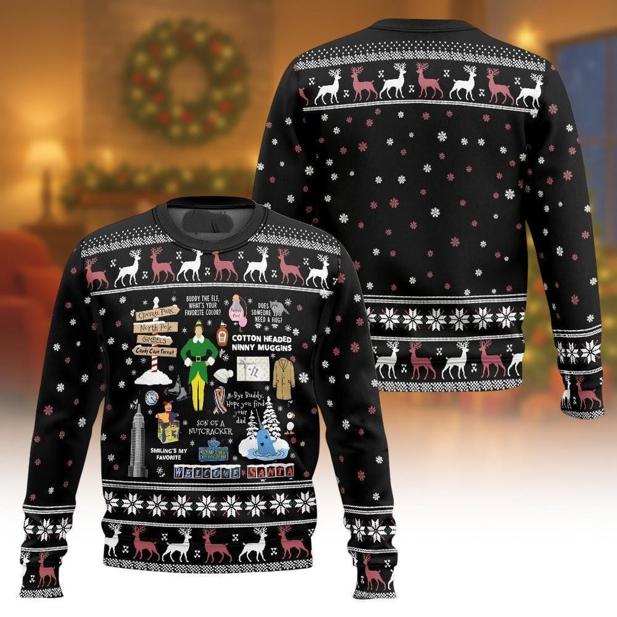 Elf Movie Collage Quotes Ugly Christmas Sweater Funny Holiday Character Knit Jumper