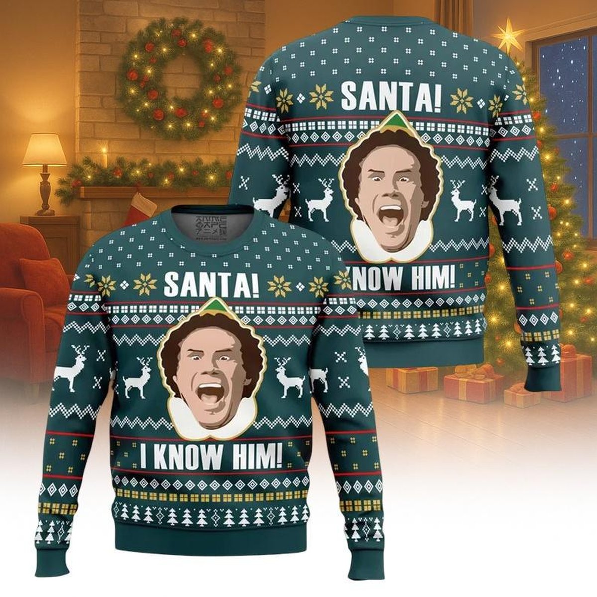 Elf Movie Santa I Know Him Ugly Christmas Sweater Funny Green Holiday Knit Jumper