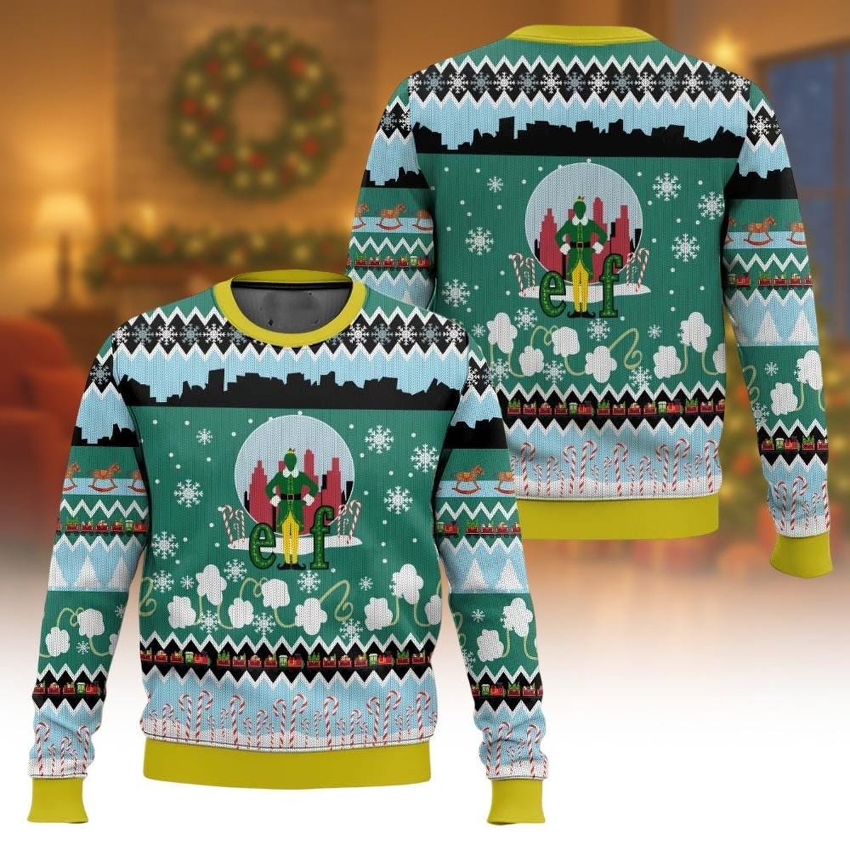 Elf Movie Buddy The Elf Pattern Ugly Christmas Sweater Green Yellow Holiday Jumper