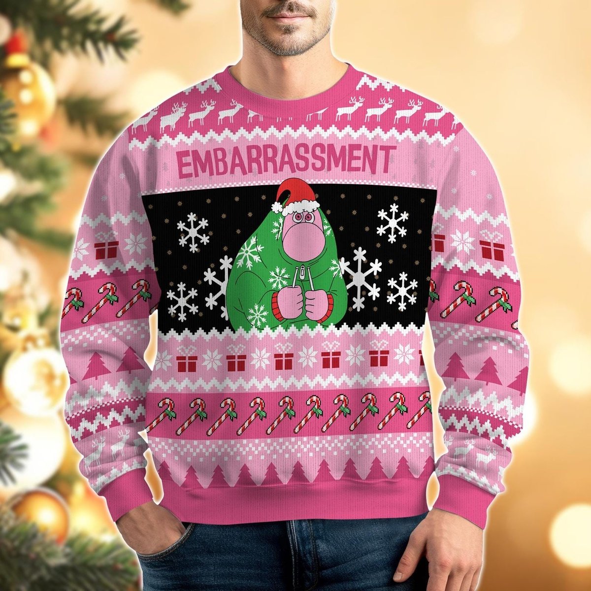 Embarrassment Inside Out Ugly Christmas Sweater, Pink Funny Character Holiday Knit Jumper