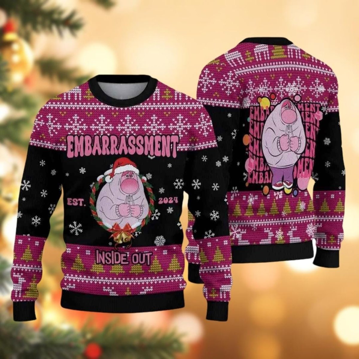 Embarrassment Pink Ugly Christmas Sweater, Inside Out Character Holiday Knit Jumper