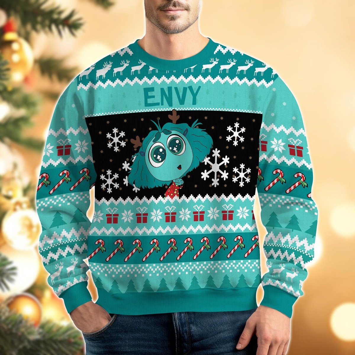 Envy Inside Out Ugly Christmas Sweater, Teal Blue Character Holiday Knit Jumper