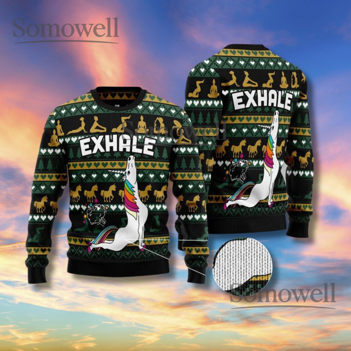 Exhale Unicorn Christmas Sweater Funny Yoga Pose Rainbow Unisex Ugly Xmas Knit