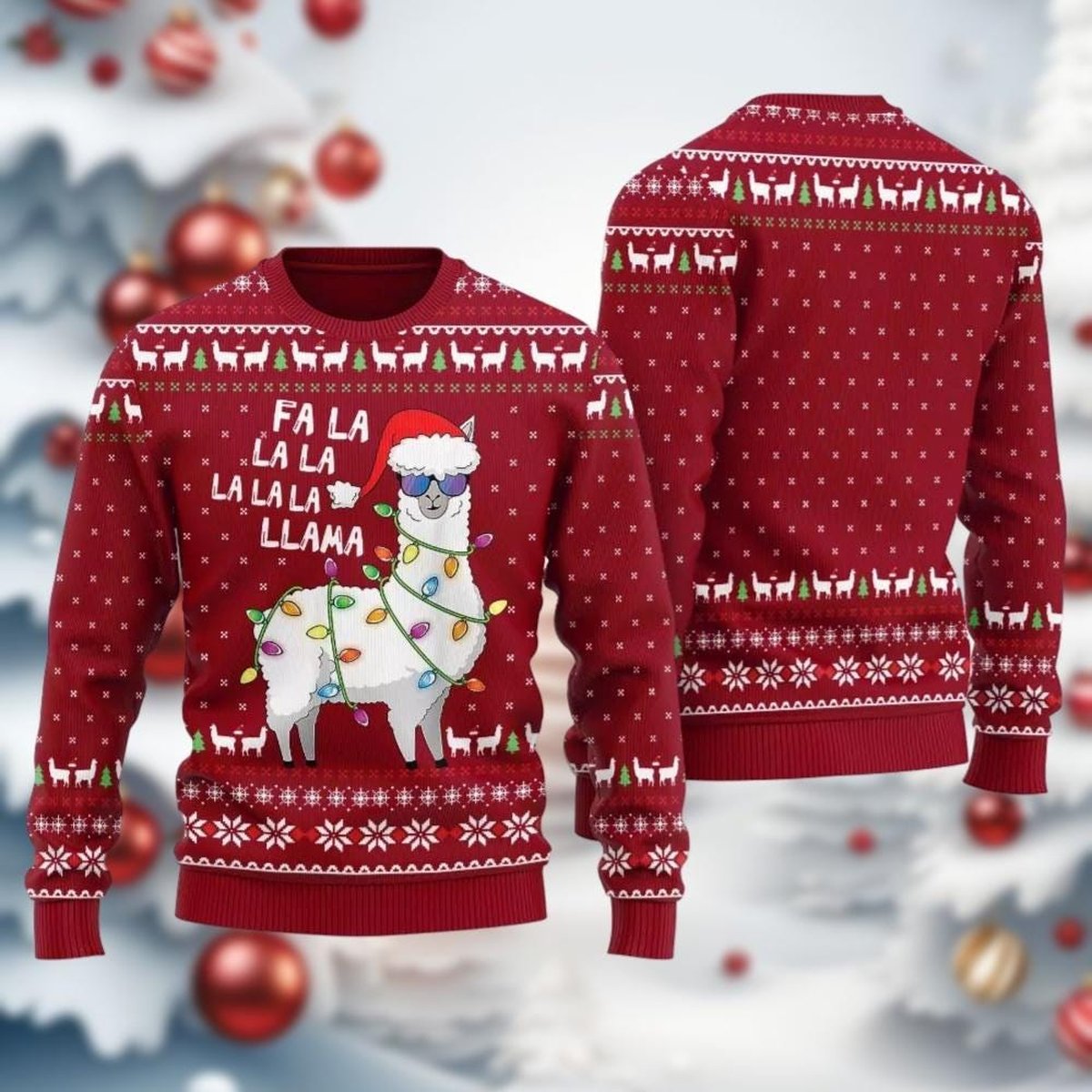 Fa La La Llama Red Christmas Ugly Sweater Funny Llama Lights Holiday Knit Jumper