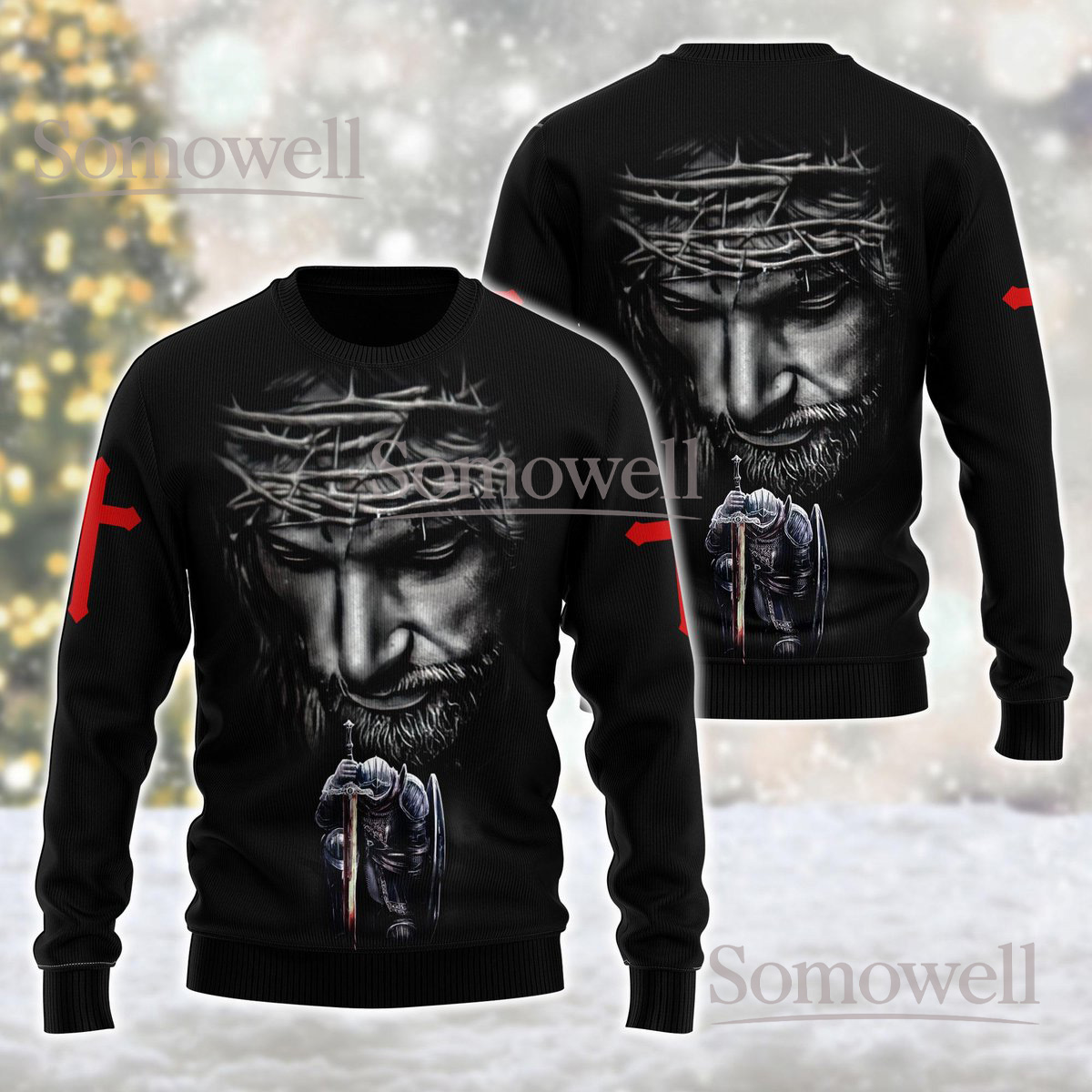 Knight Jesus Black Christian Ugly Sweater Faith Over Fear Cross Holiday Knit Jumper