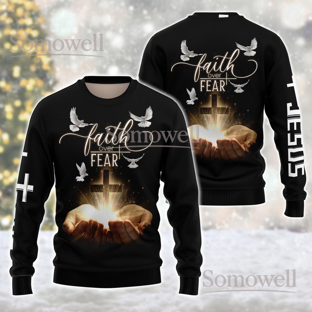 Faith Over Fear Jesus Christian Black Ugly Sweater Cross Dove Holiday Knit Jumper
