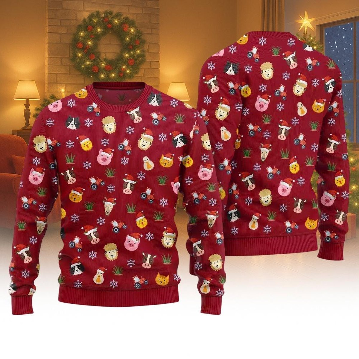 Farm Animal Faces Ugly Christmas Sweater Cute Cow Pig Chicken Red Holiday Knit Jumper