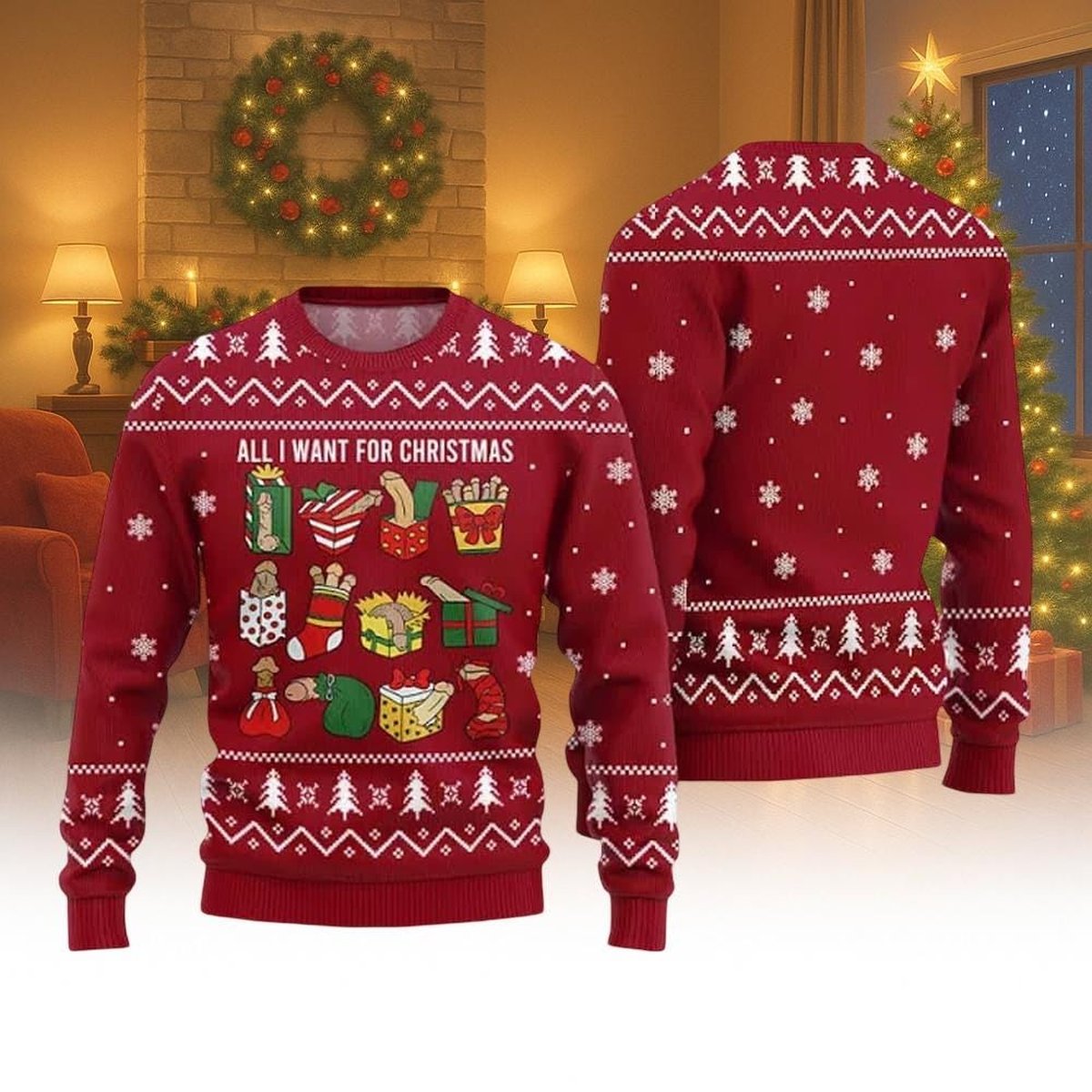 All I Want For Christmas Ugly Sweater Fast Food Gifts Funny Red Holiday Knit Jumper