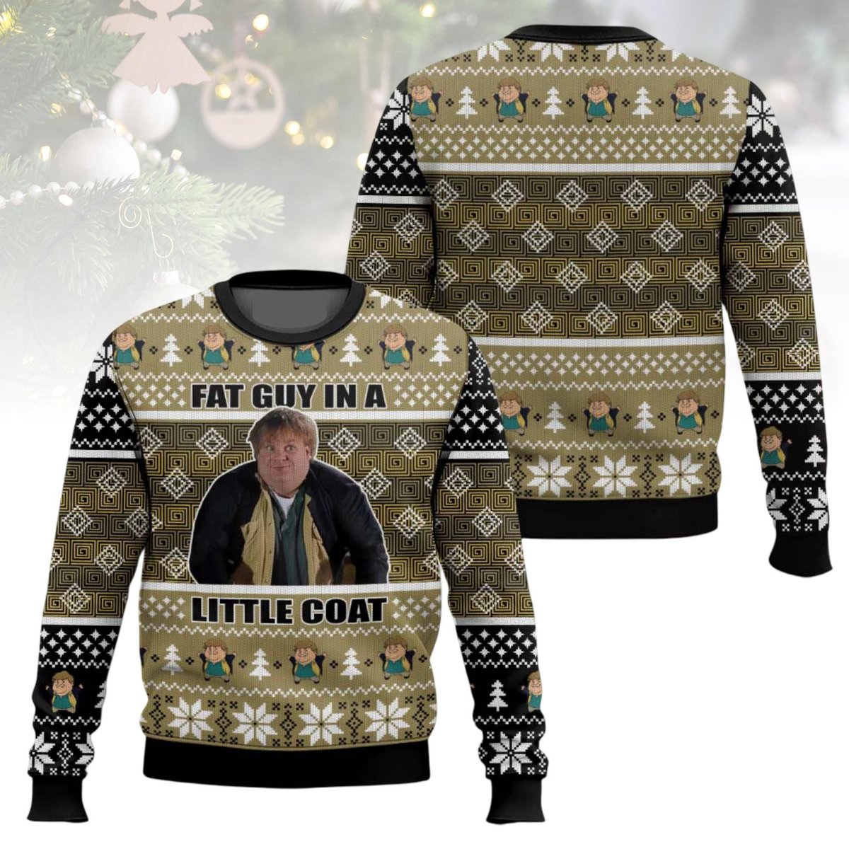 Fat Guy in a Little Coat Brown Ugly Christmas Sweater Funny Movie Quote Holiday Knit Jumper