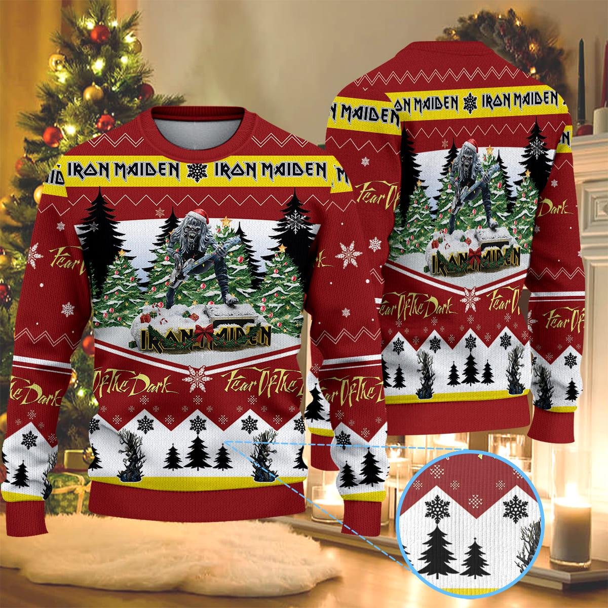 Iron Maiden Red Christmas Ugly Sweater Fear Of The Dark Heavy Metal Holiday Knit Jumper