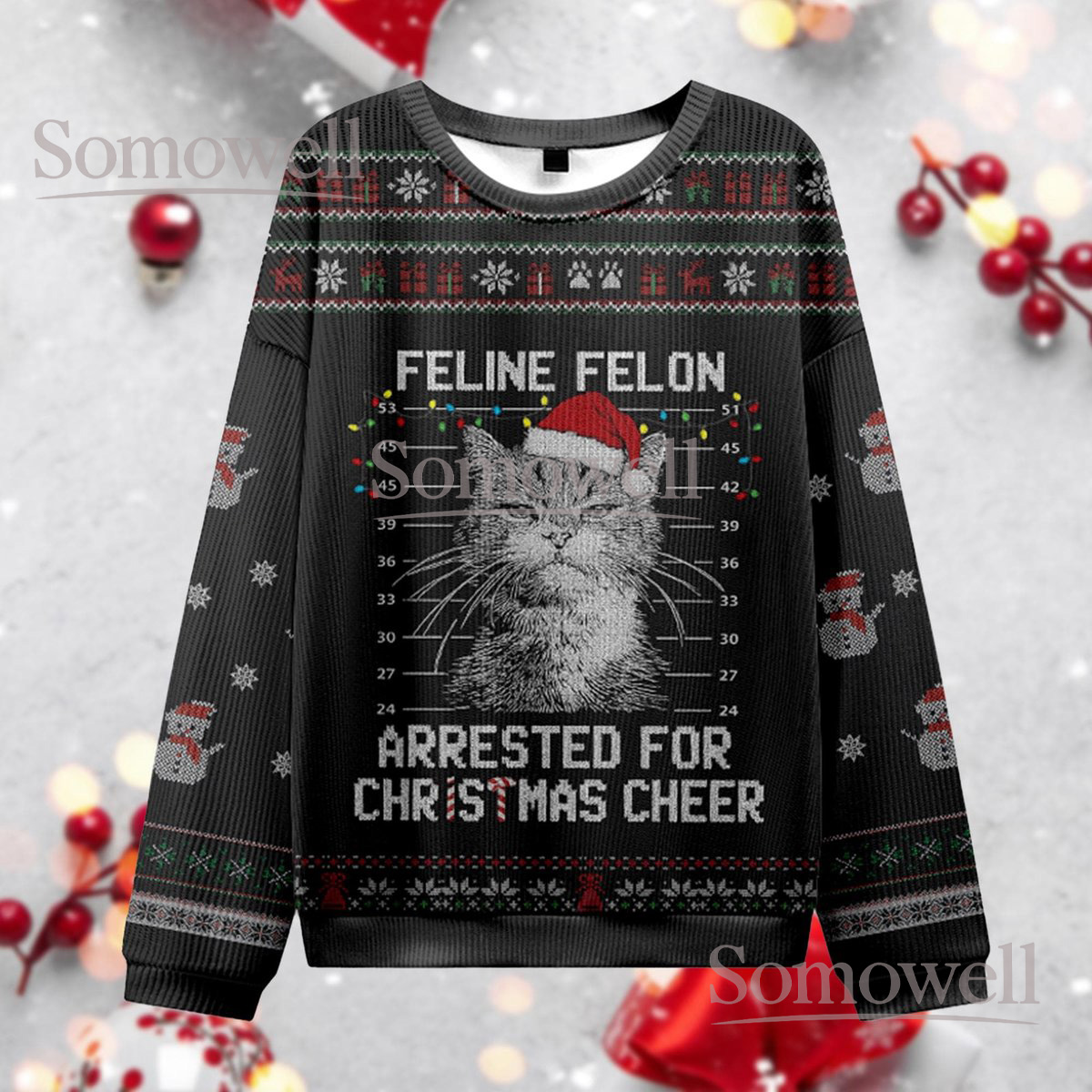 Feline Felon Cat Christmas Black Ugly Sweater Arrested For Cheer Holiday Knit Jumper