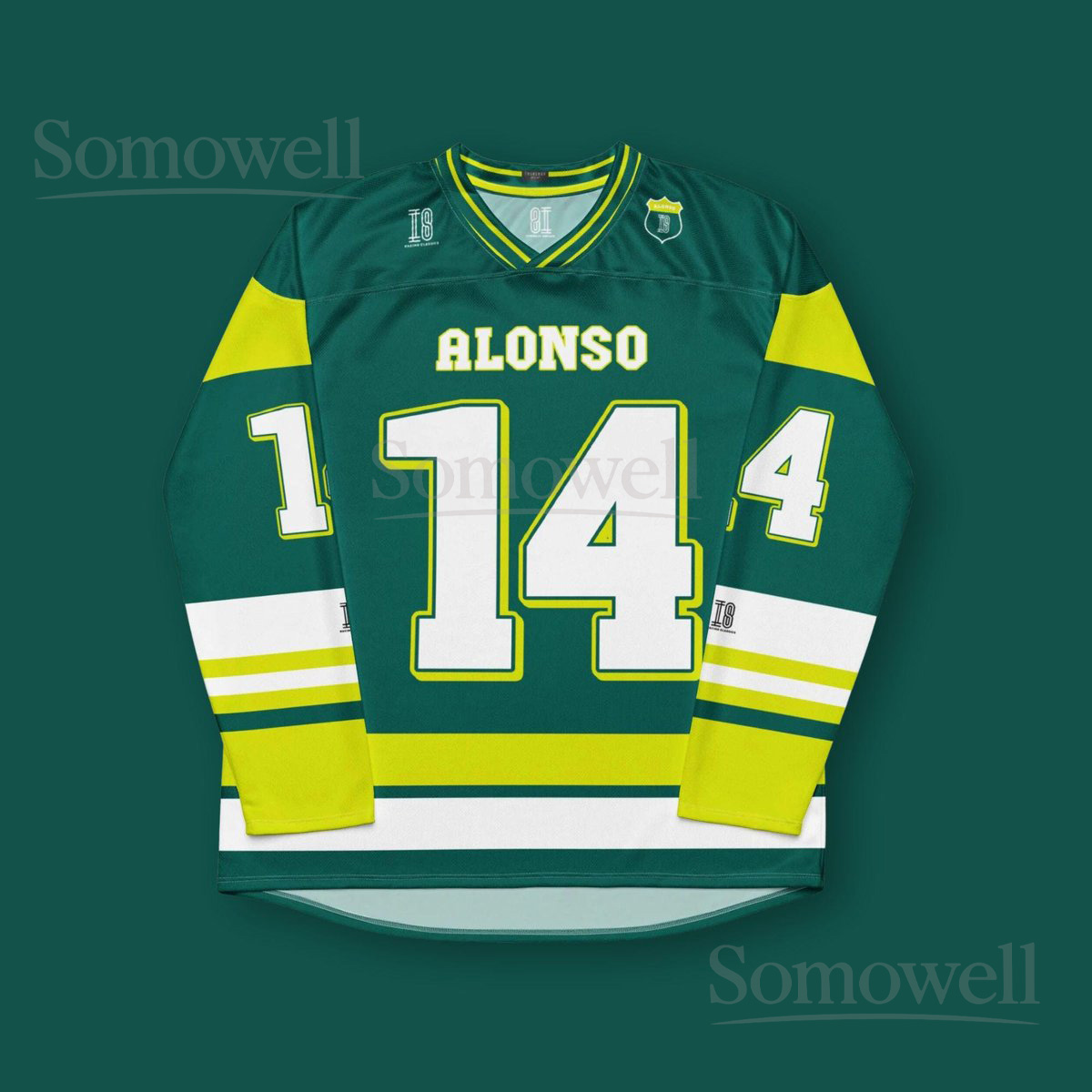 Custom Fernando Alonso Aston Martin F1 Hockey Jersey Shirt for Formula 1 Fans Green and Yellow Racing Team Apparel