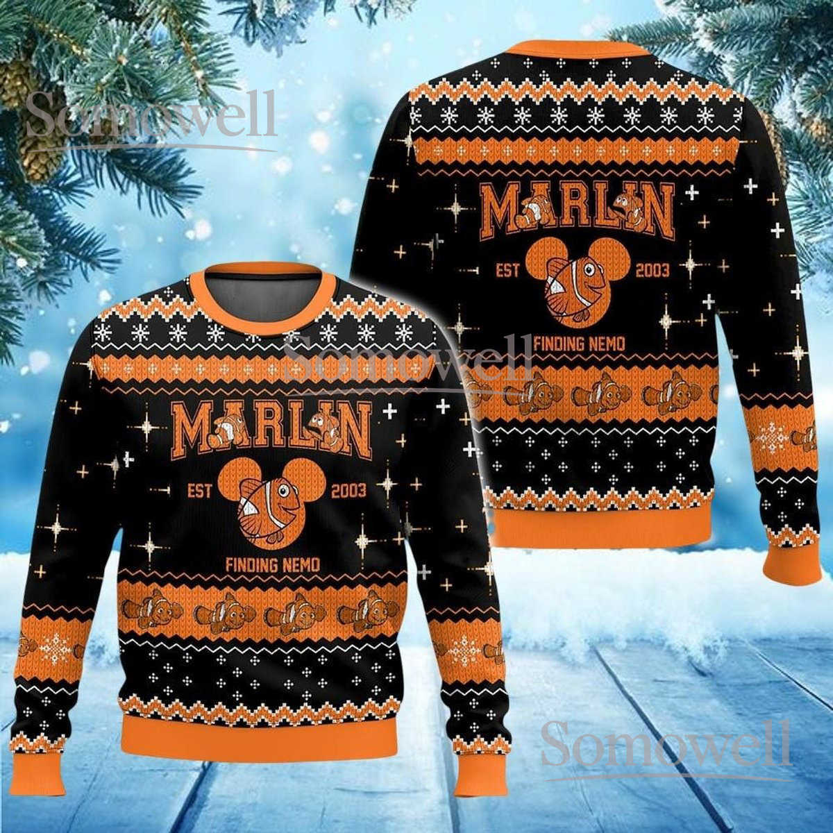 Finding Nemo Marlin Black Orange Christmas Ugly Sweater Ocean Fish Holiday Knit Jumper