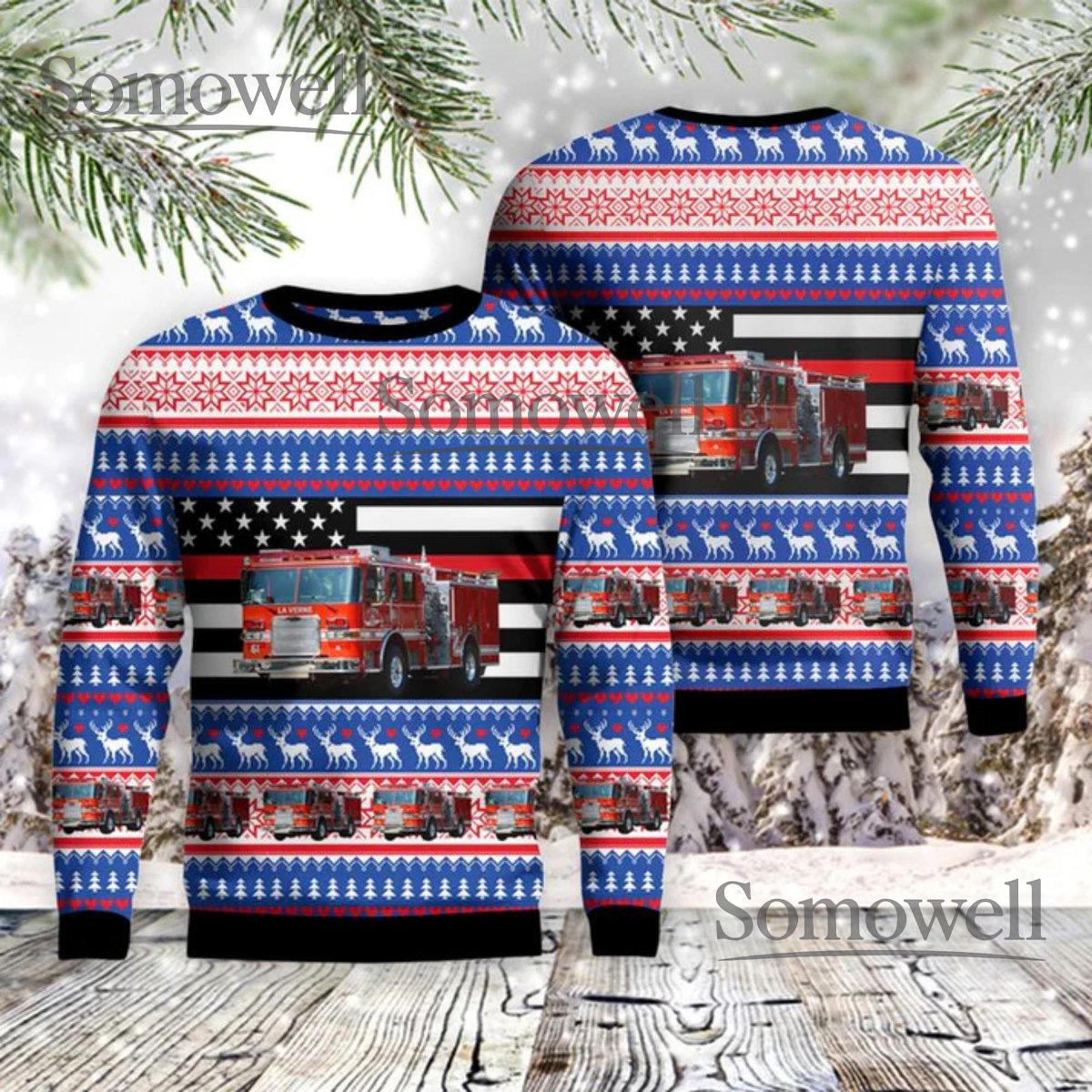 Fire Truck Ugly Christmas Sweater American Flag Fair Isle Knit