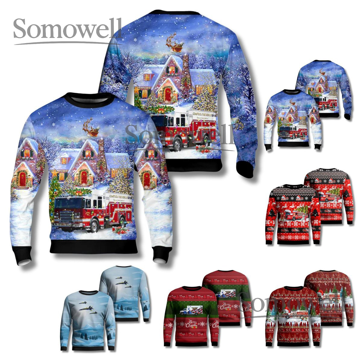 Fire Truck Ugly Christmas Sweater Snowy Winter Scene Crewneck