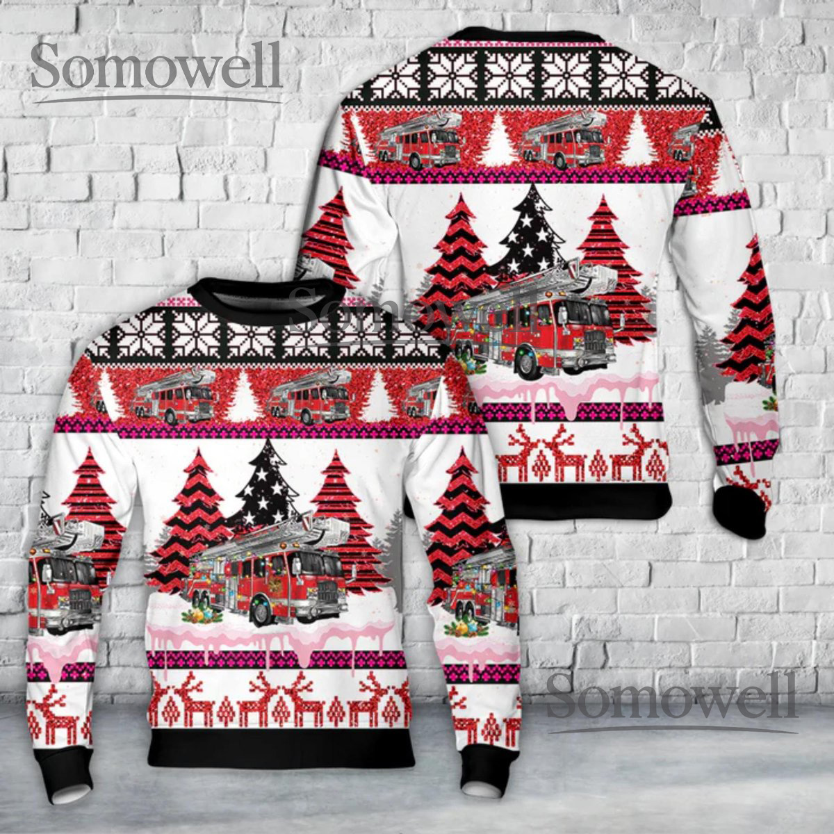 Firefighter Christmas Sweater Red Fire Truck Holiday Pattern