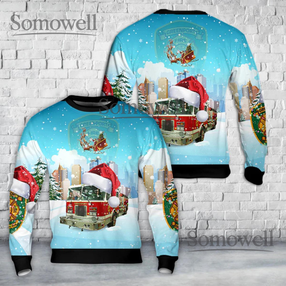 Firefighter Christmas Ugly Sweater Santa Hat Fire Truck Crewneck