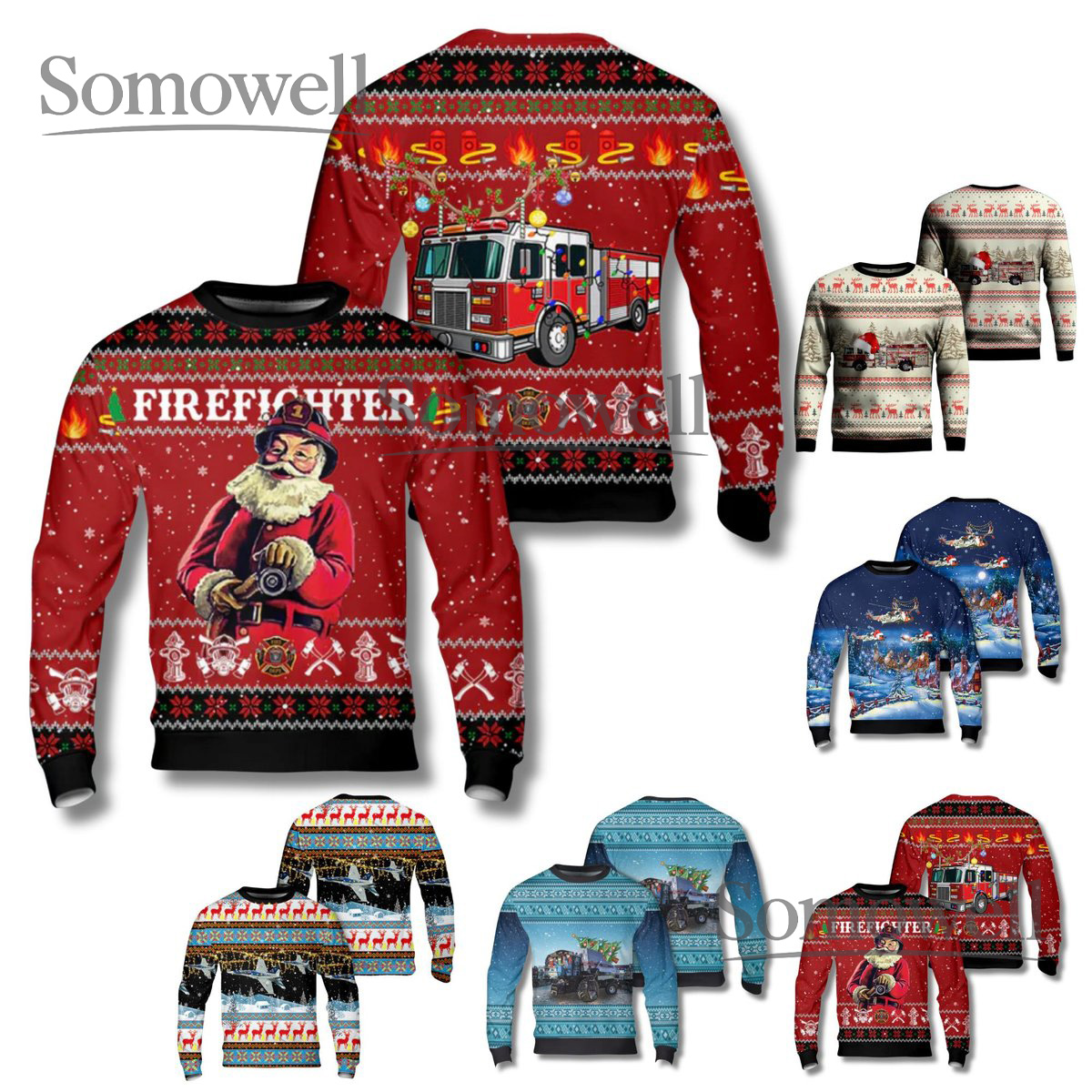Firefighter Santa Christmas Sweater Fire Truck Ugly Holiday Pullover Gift