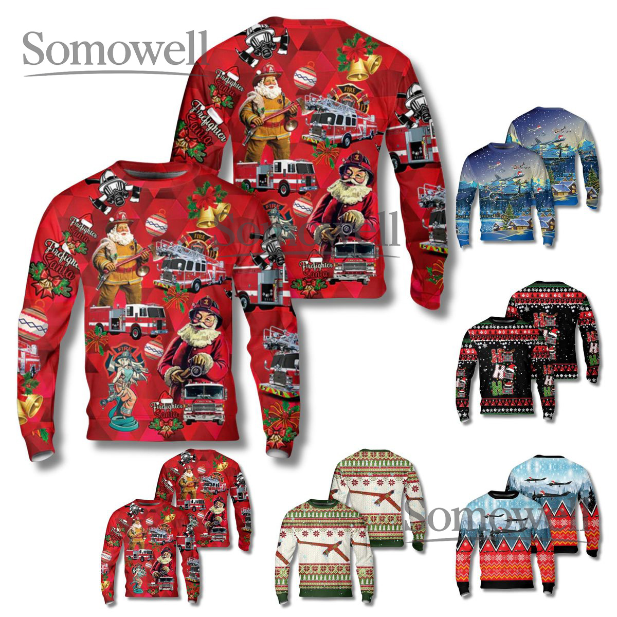Firefighter Santa Christmas Sweater Fire Truck Pattern Unisex Holiday Pullover