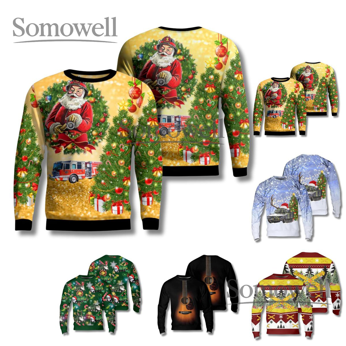 Firefighter Santa Ugly Christmas Sweater Funny Holiday Crewneck