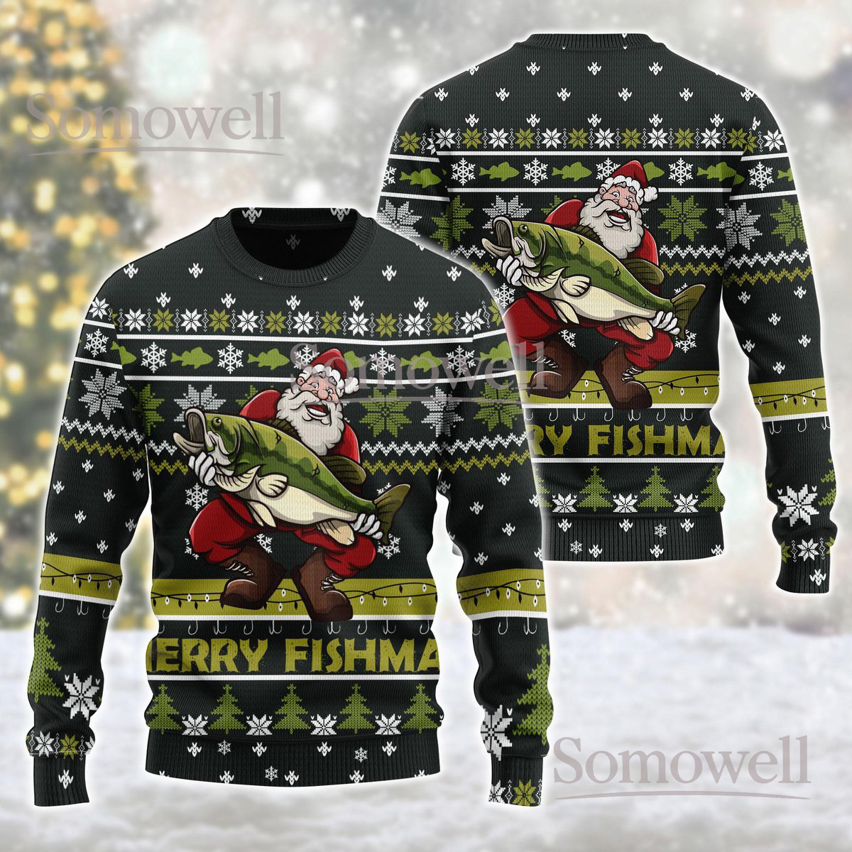 Santa Fishing Christmas Black Ugly Sweater Merry Fishmas Holiday Knit Jumper Fisherman Gift