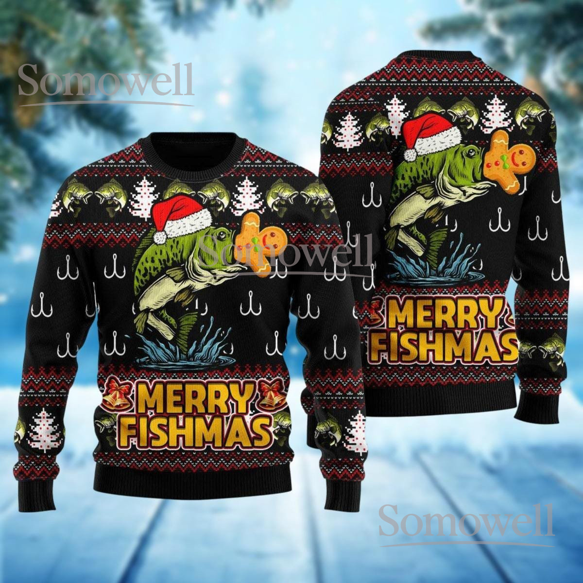 Bass Fish Santa Christmas Black Ugly Sweater Merry Fishmas Holiday Knit Jumper Fisherman Gift