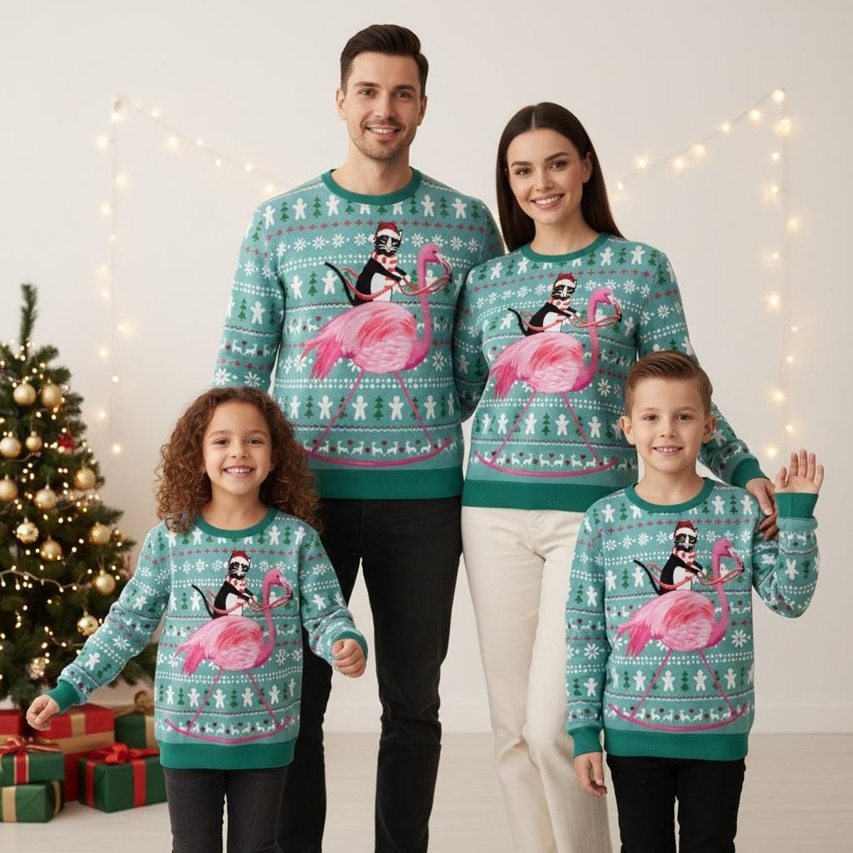 Flamingo Cat Funny Holiday Ugly Christmas Sweater Blue Green Jumper