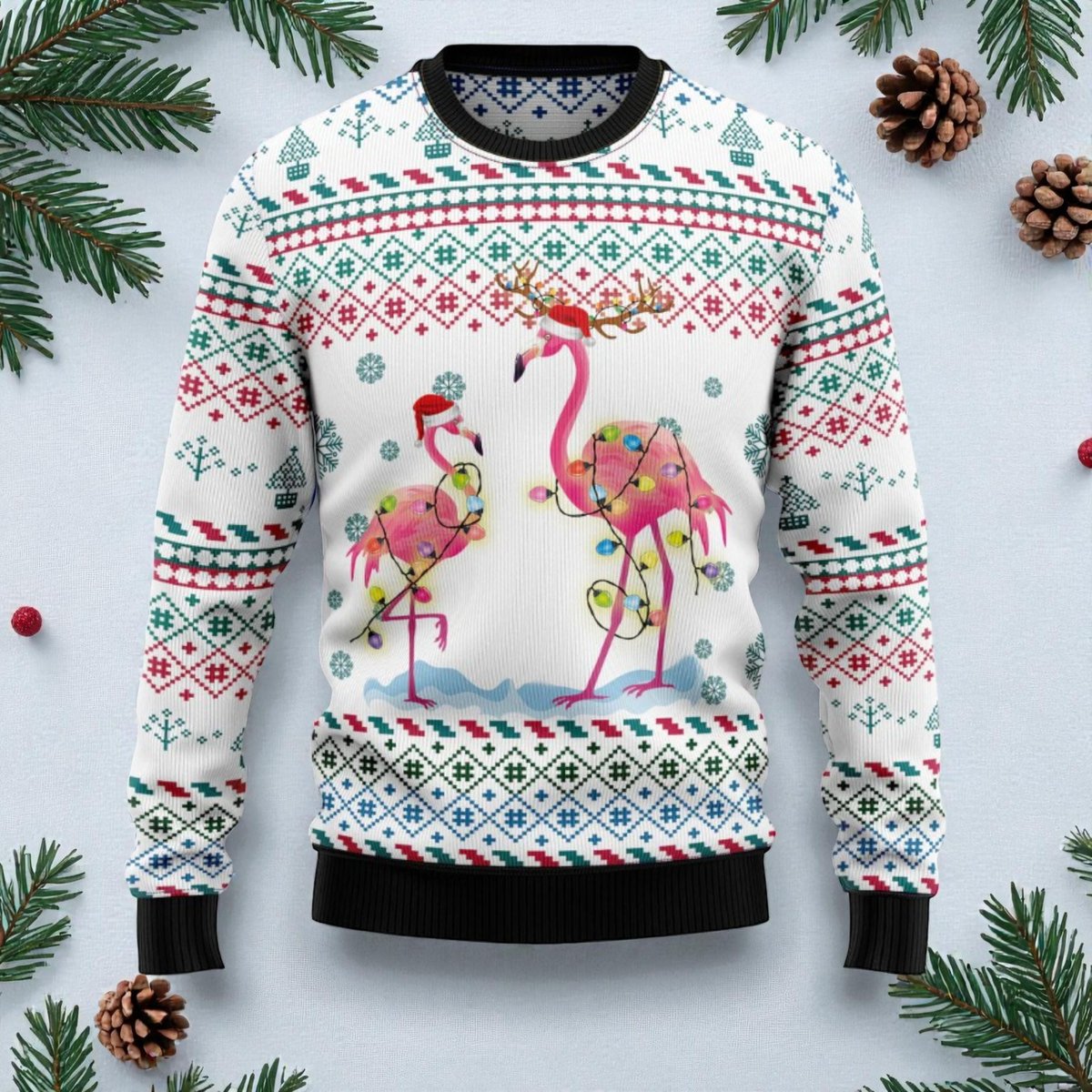 Flamingo Christmas Reunion White Ugly Christmas Sweater Cute Tropical Bird Holiday Knit Jumper