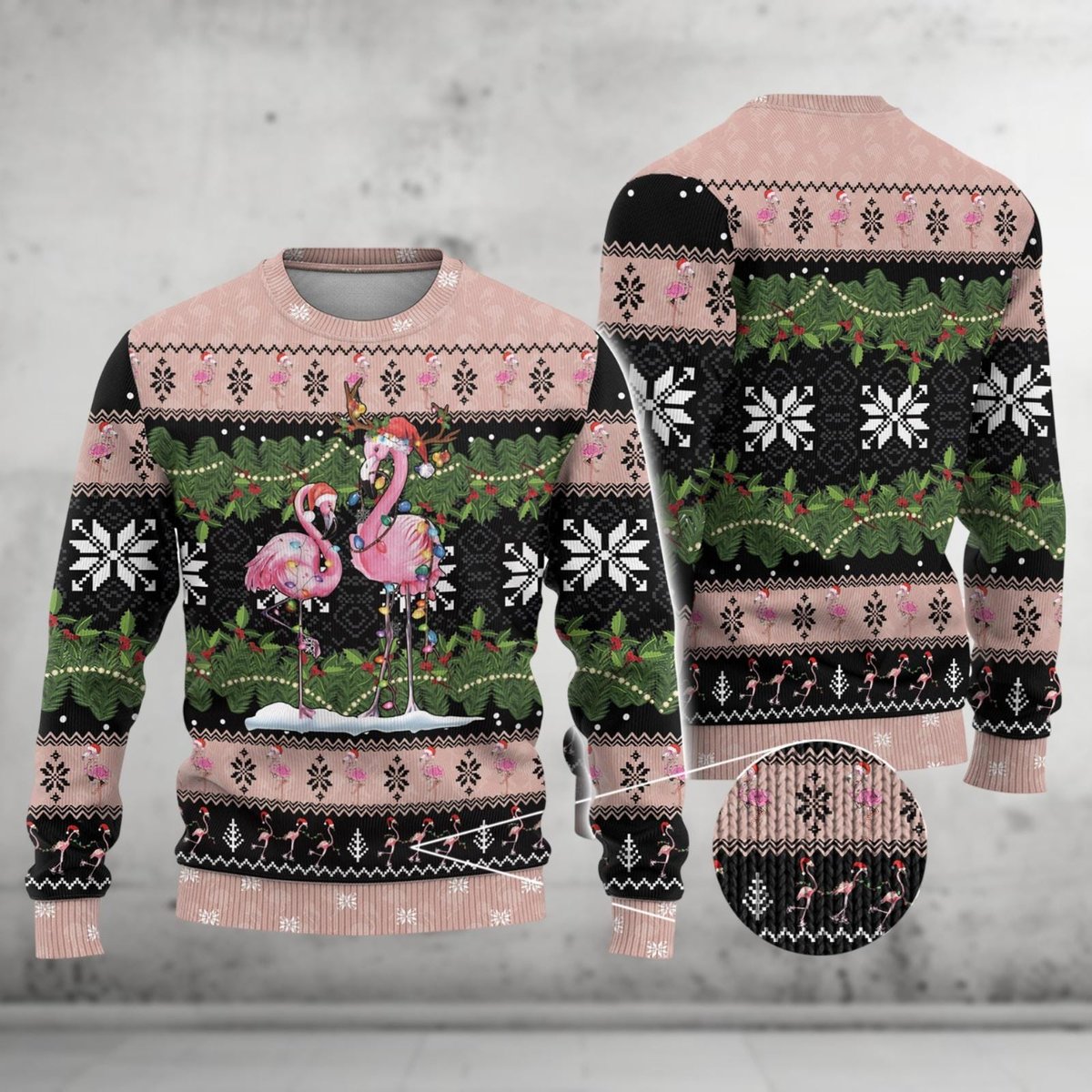Flamingo Christmas Pink Ugly Sweater Festive Birds Holiday Snowflake Knit Jumper