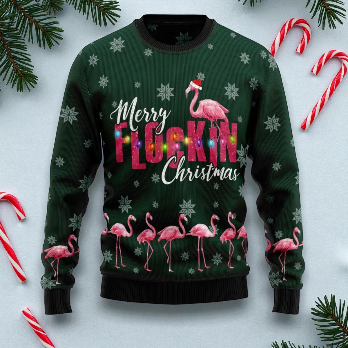 Flamingo Merry Flockin Christmas Green Ugly Sweater Funny Bird Holiday Knit Jumper