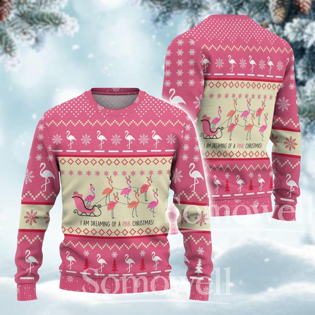 Pink Flamingo Christmas Ugly Sweater I’m Dreaming of a Pink Holiday Knit Pullover Gift