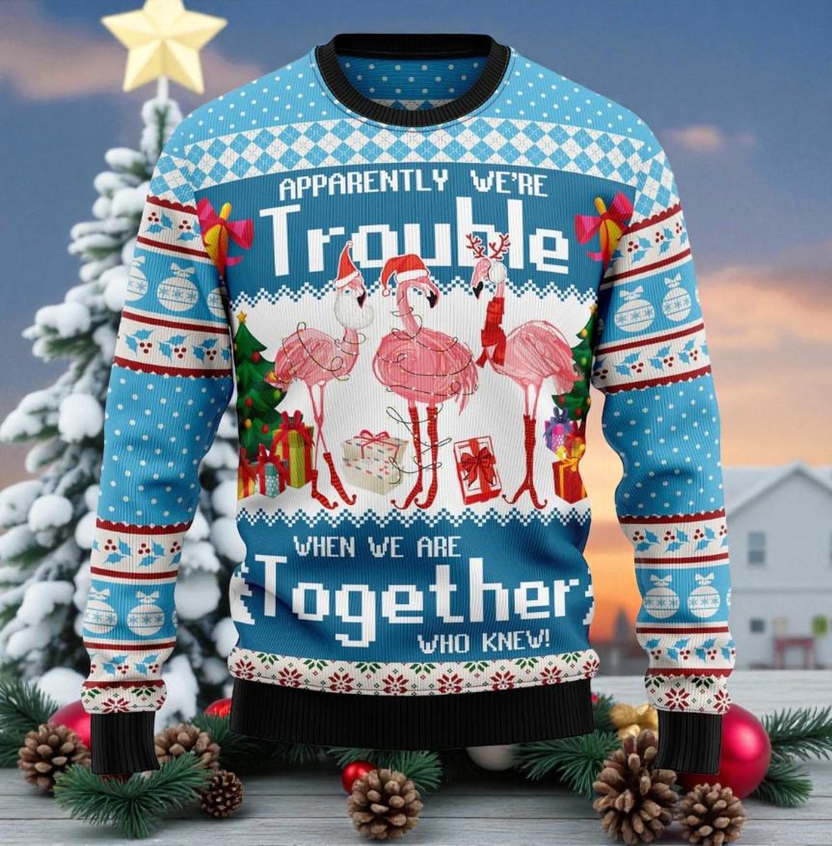 Flamingo Together Blue Ugly Christmas Sweater Funny Pink Bird Holiday Knit Jumper