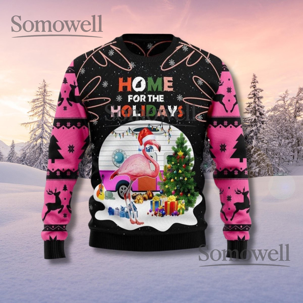 Flamingo Ugly Christmas Sweater Festive Camper Holiday Knit