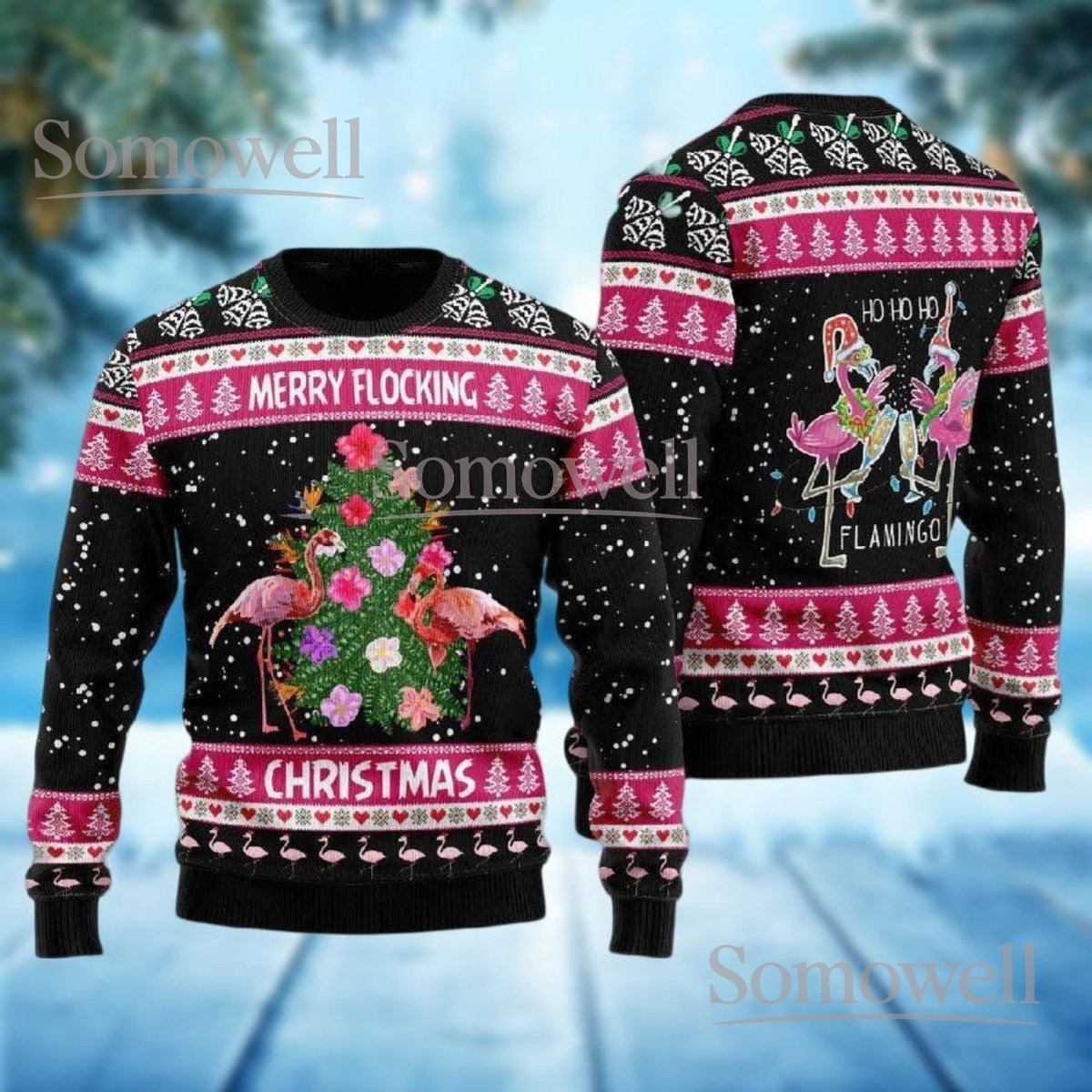 Flamingo Christmas Black Ugly Sweater Merry Flocking Holiday Knit Jumper Funny Bird Design