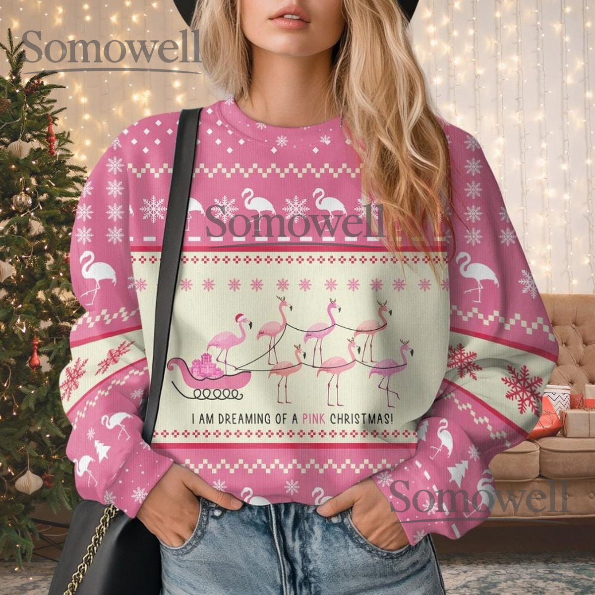 Flamingo Pink Christmas Ugly Sweater I’m Dreaming of Pink Holiday Knit Jumper